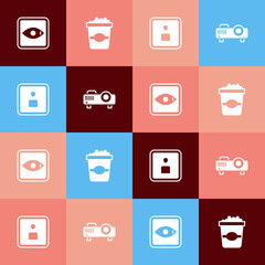 Set pop art Rating movie, Popcorn cardboard box, Play Video and Movie, film, media projector icon. Vector