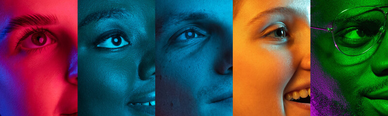 Cropped portraits of group of young people on multicolored background in neon light. Collage made...