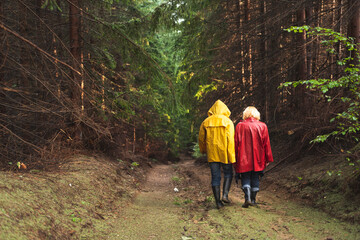 Fototapeta premium Middle age couple in raincoats walking through forest