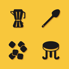 Set Coffee maker moca pot, table, Sugar cubes and Teaspoon icon with long shadow. Vector