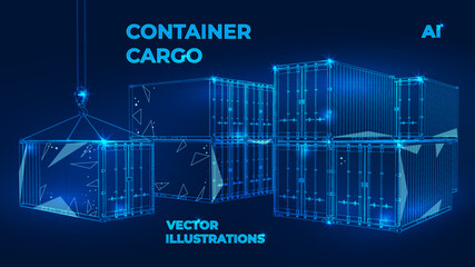Polygonal 3d cargo container in dark blue background. Online cargo delivery service, logistics or tracking app concept. Abstract vector illustration of online freight delivery service