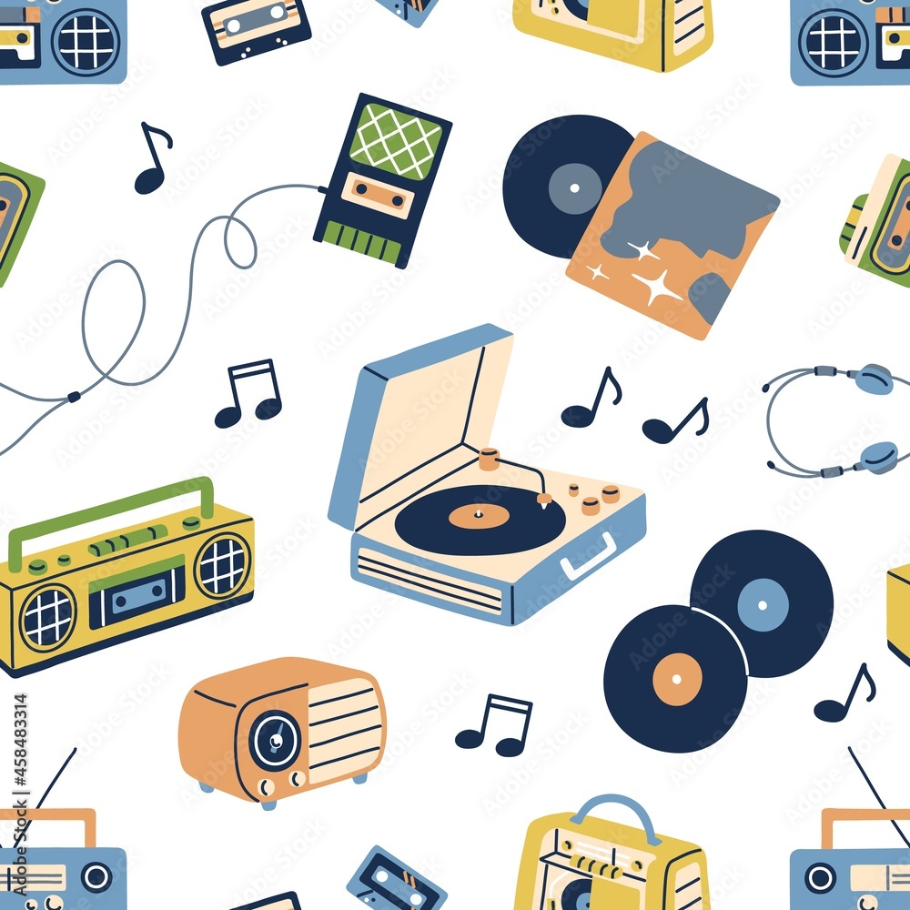 Poster retro music pattern. seamless background with old cassettes, boomboxes, turntables, tape recorders a