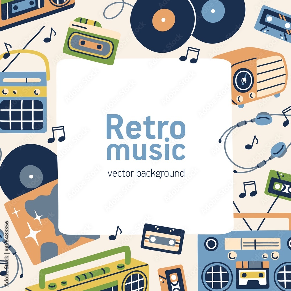 Poster retro music card design. square background template with frame of cassettes, vinyls in 60s and 70s s