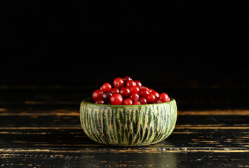 Bowl with healthy cranberries on dark wooden background
