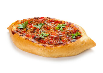 Tasty Turkish Pizza on white background