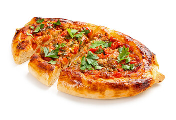Delicious Turkish Pide Pizza on white background