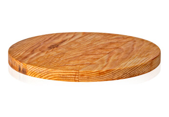 Round pizza board made of natural wood, on a white background isolate