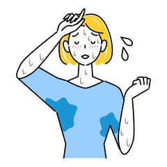 とても汗をかきやすい体質で困っている可愛い女性 大量の止まらない汗 イラスト シンプル ベクター 