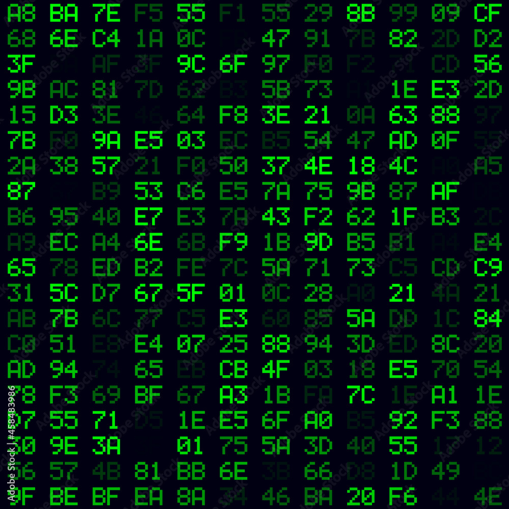 Poster abstract matrix background. green filled hexadecimal pairs background. small sized seamless pattern.