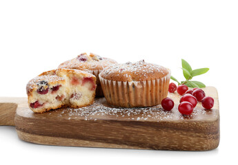 Wooden board with tasty cranberry muffins on white background