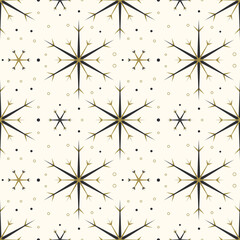 Seamless pattern with black and gold snowflakes on background. Festive winter traditional decoration for New Year, Christmas, holiday and design. Ornament of simple line repeat snow flake