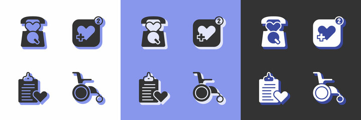 Obraz premium Set Wheelchair for disabled person, Emergency call 911, Patient record and Mobile with heart rate icon. Vector