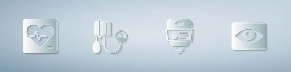 Set Heart rate, Blood pressure, IV bag and Red eye effect. Paper art style. Vector
