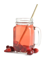 Mason jar of fresh dogwood drink on white background