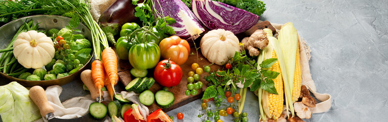 Local farmers food assortment on light background.