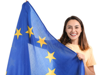 Young woman with flag of European Union on white background