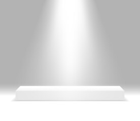 Rectangular white stage podium illuminated with light. Stage vector backdrop. Festive podium scene for award ceremony on white, grey background. Vector white pedestal for product presentation.
