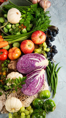 Local farmers food assortment on light background.