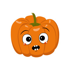 Cute pumpkin character with emotions panic, surprised face, shocked eyes. Festive decoration for Halloween. Mischievous vegetable hero