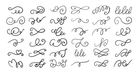 Set of different hand drawn flourish swirl ornate decoration elements. Decorative black ink pen curled lines collection