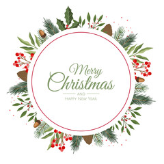 Round Christmas background with fir branches, red berries. Vector top view illustration.
