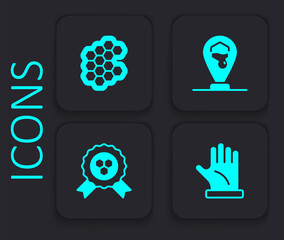 Set Beekeeper glove, Honeycomb, bee location and award icon. Black square button. Vector