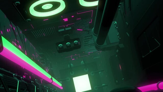 Animation of clean and dark futuristic alien scifi fantasy hangar. Motion. View inside of an abstract tunnel or corridor with gring and pink illumination.