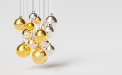 Gold and silver Christmas balls hanging with white background and space for text. 3d rendering
