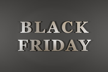 Black Friday - Shopping banner with the text black Friday in shiny metallic on a dark brown background. 3D illustration
