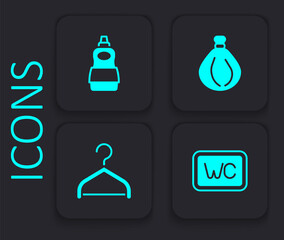 Set Toilet, Dishwashing liquid bottle, Garbage bag and Hanger wardrobe icon. Black square button. Vector