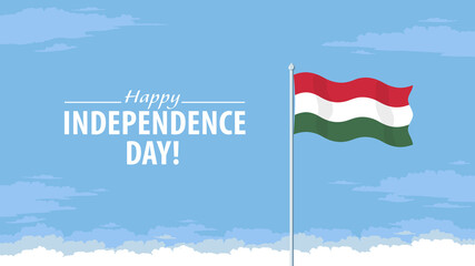 Detailed flat vector illustration of a flying flag of Hungary in front of a cloudy sky background. Happy Independence Day.