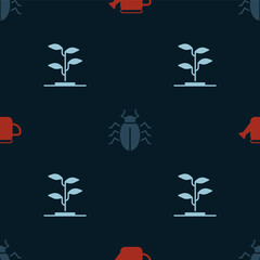 Set Watering can, Colorado beetle and Sprout on seamless pattern. Vector