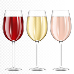 Set of glasses of red, rose and white wine, isolated.