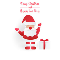 santa claus and gift box with paper cut style isolated on white background