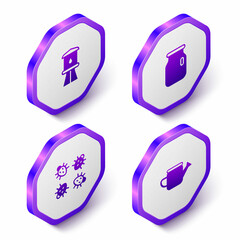 Set Isometric Water tower, Glass jar with screw-cap, Colorado beetle and Watering can icon. Purple hexagon button. Vector