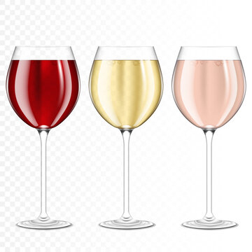 Set of glasses of red, rose and white wine, isolated.