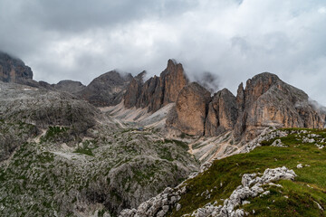 Fototapeta na wymiar View from Mantel mountain peak in Dolomites mountains in Italy