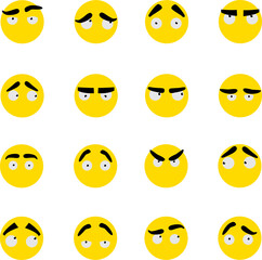 Emoticons a smiling face or a yellow smiley face with various facial expressions and emotions, such as happiness, loneliness, confusion and pain, isolated on a white background. Vector illustration.