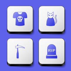 Set Shirt with skull, Black cat, Scythe and Tombstone RIP written icon. White square button. Vector