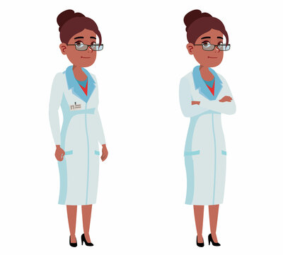Cartoon character black woman medic. Dark-skinned female doctor in various poses