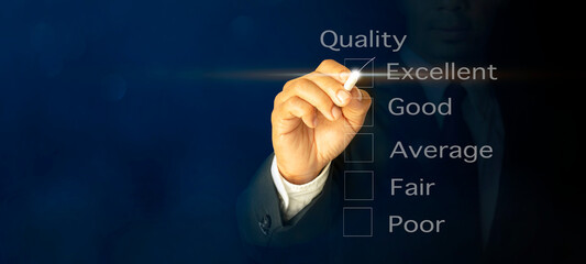 Checklist concept businessman hand putting checkmark a checkbox on excellent for a satisfaction survey customer service satisfaction survey excellent customer service evaluation.