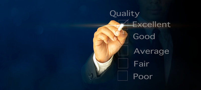 Checklist concept businessman hand putting checkmark a checkbox on excellent for a satisfaction survey customer service satisfaction survey excellent customer service evaluation.