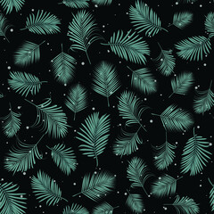 Seamless pattern. Green branches, leaves on a black background