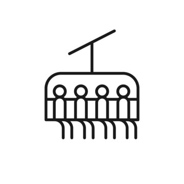 Isolated black line icon of tourists on mountain chair lift on white background. Outline chair lift. Logo flat design. Winter mountain sport.