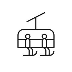 Isolated black line icon of skiers on chair lift on white background. Outline chair lift. Logo flat design. Winter mountain sport.