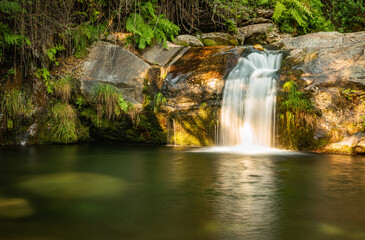 Fototapeta na wymiar Beautiful water stream in Poço da Cilha waterfall, Manhouce, Sao Pedro do Sul, Portugal. Long exposure smooth effect. Mountain forest landscape.