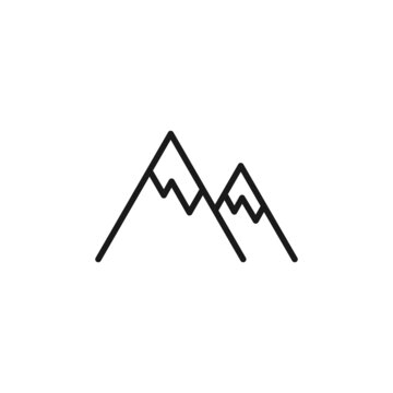 Isolated black line icon of mountain on white background. Outline mountain peaks. Logo flat design. Mountain sport.