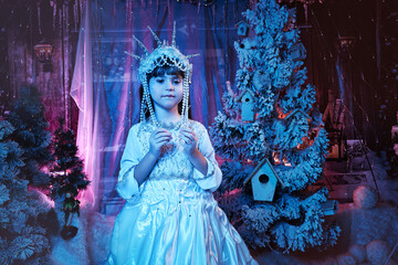 portrait of the child of the snow queen in the crown. fairy tale concept