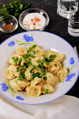 Hot dumplings in a plate with sour cream