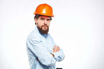 man in shirt orange helmet safety construction engineer